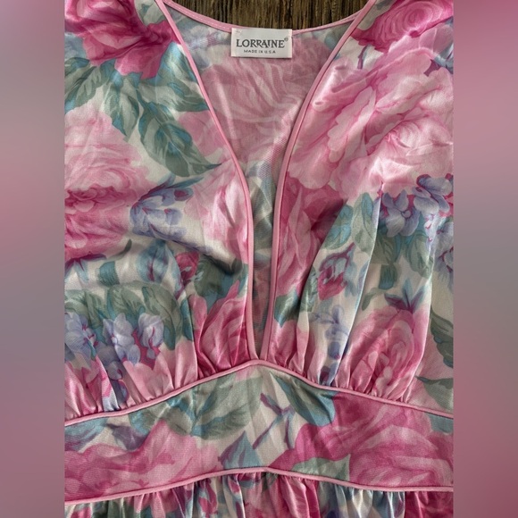 Vtg Lorraine Empire Waist Plunge Neck Maxi Nightgown Slip Dress Sz M Pink Floral - Picture 10 of 13